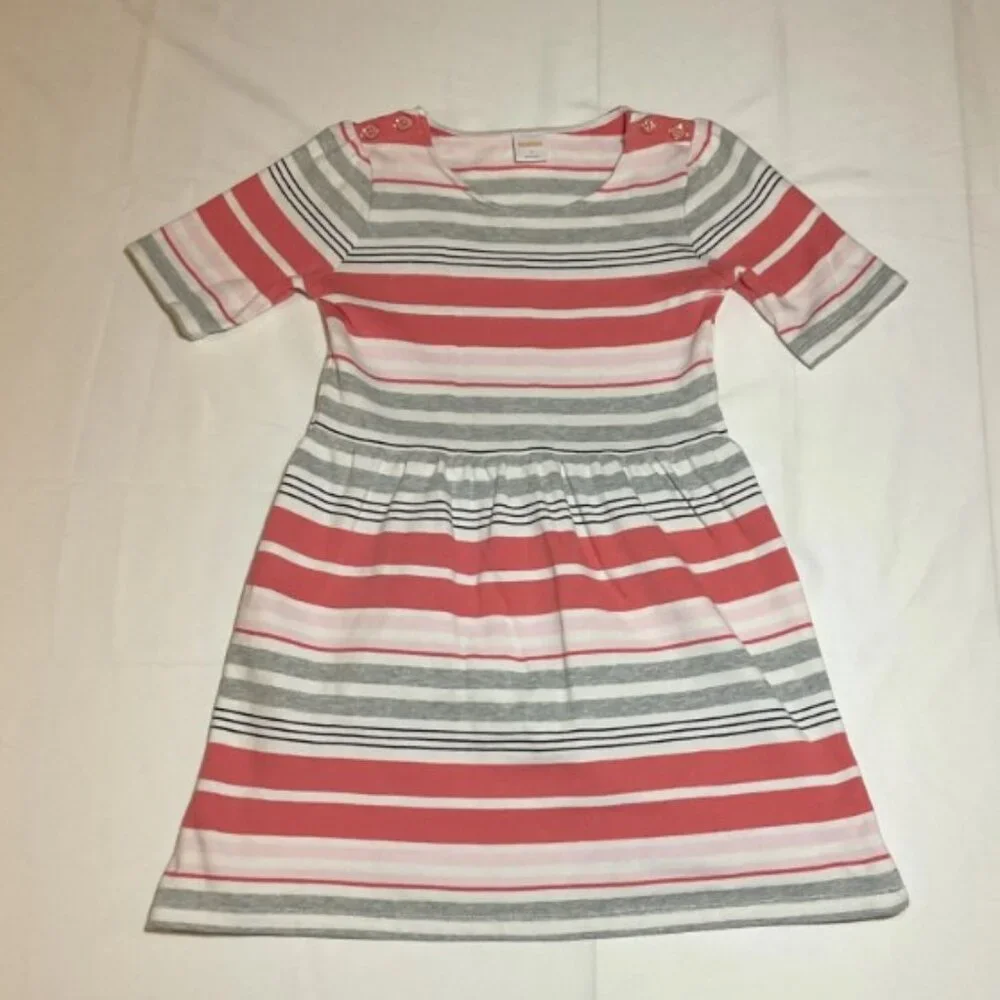 Gymboree Girls Size 8 Kitty in Pink Gray White Stripes Terry Short Sleeve Dress